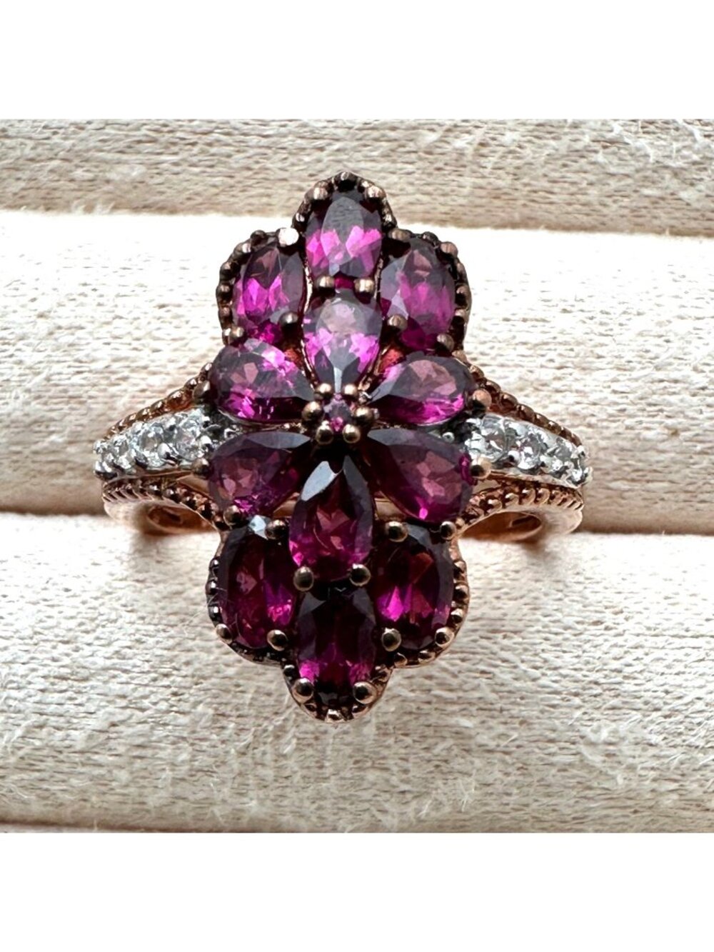 Chuck Clemency Ring Rhodolite Garnet & Topaz Rose Gold Plated Sterling Size 8